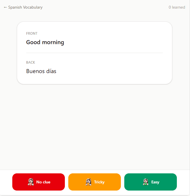 Reviewing a flashcard with Again, Hard, and Easy rating buttons